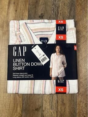 NEW Gap Women’s XS Linen Button Down Shirt Pink Striped Long Sleeve MSRP 69.99